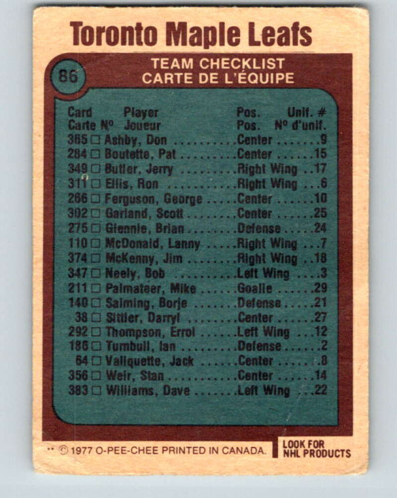 1977-78 O-Pee-Chee #86 Maple Leafs Team Toronto Maple Leafs V13493