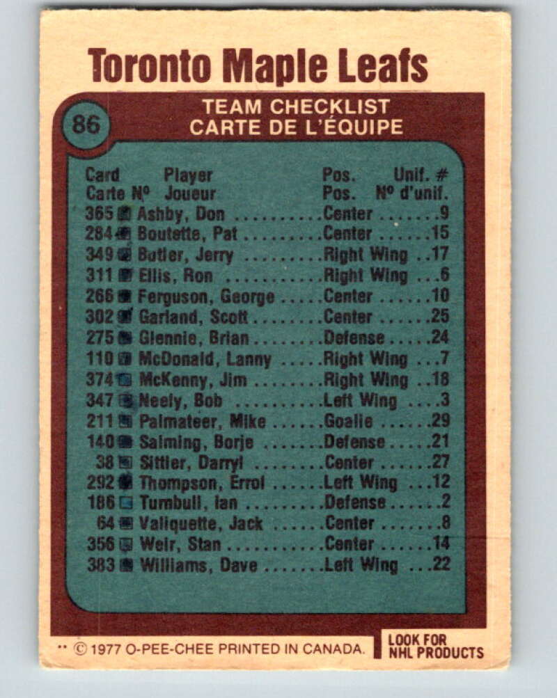 1977-78 O-Pee-Chee #86 Maple Leafs Team Toronto Maple Leafs V13494