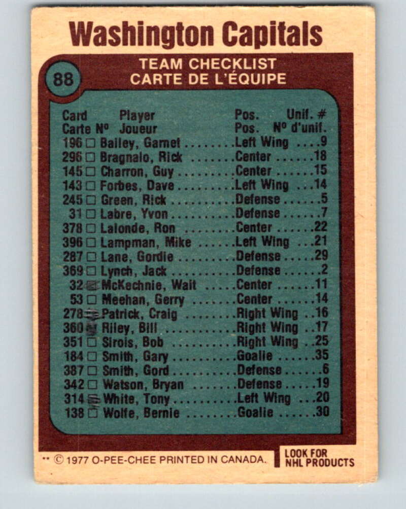 1977-78 O-Pee-Chee #88 Capitals Team Washington Capitals V13497
