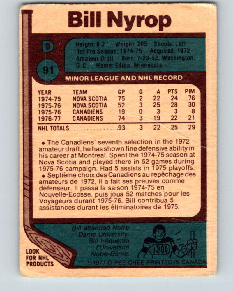 1977-78 O-Pee-Chee #91 Bill Nyrop Montreal Canadiens V13517