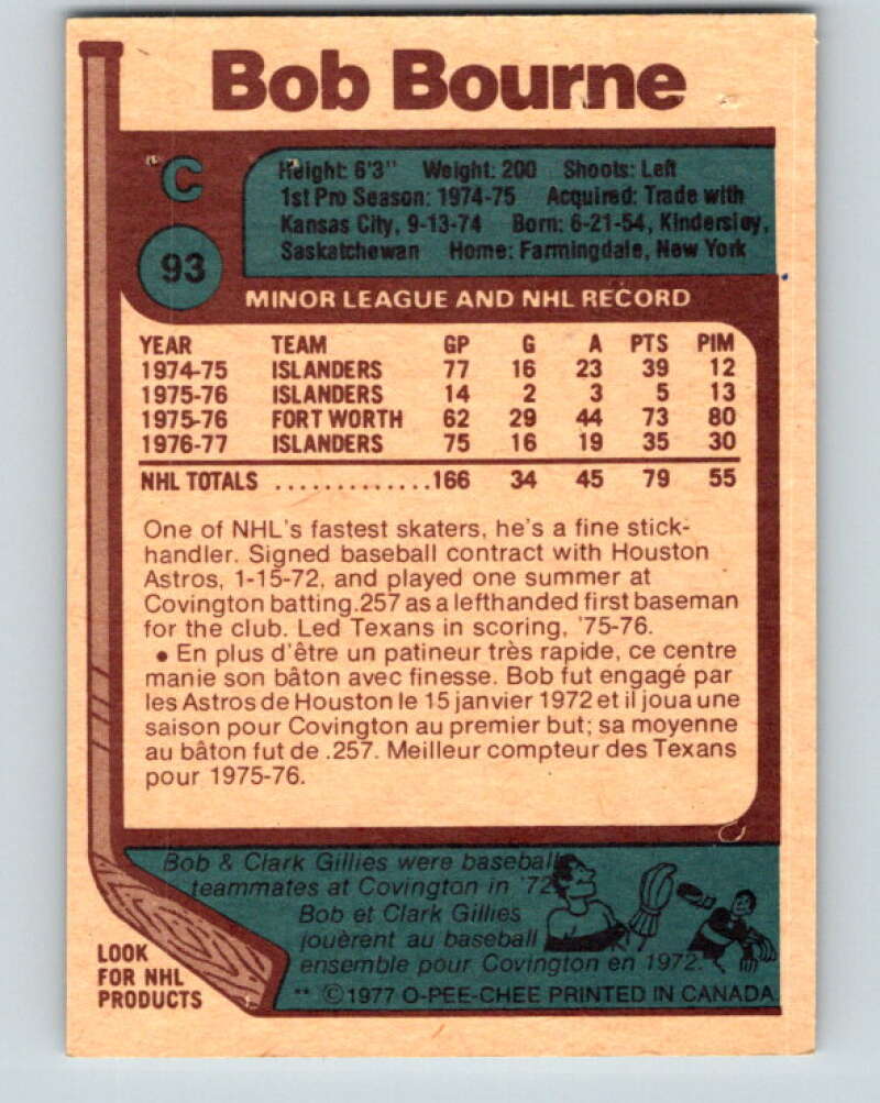 1977-78 O-Pee-Chee #93 Bob Bourne New York Islanders V13523