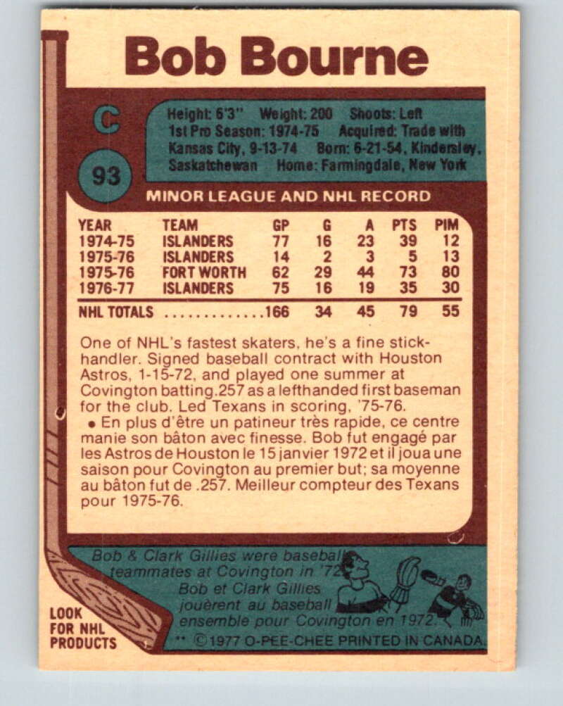 1977-78 O-Pee-Chee #93 Bob Bourne New York Islanders V13527