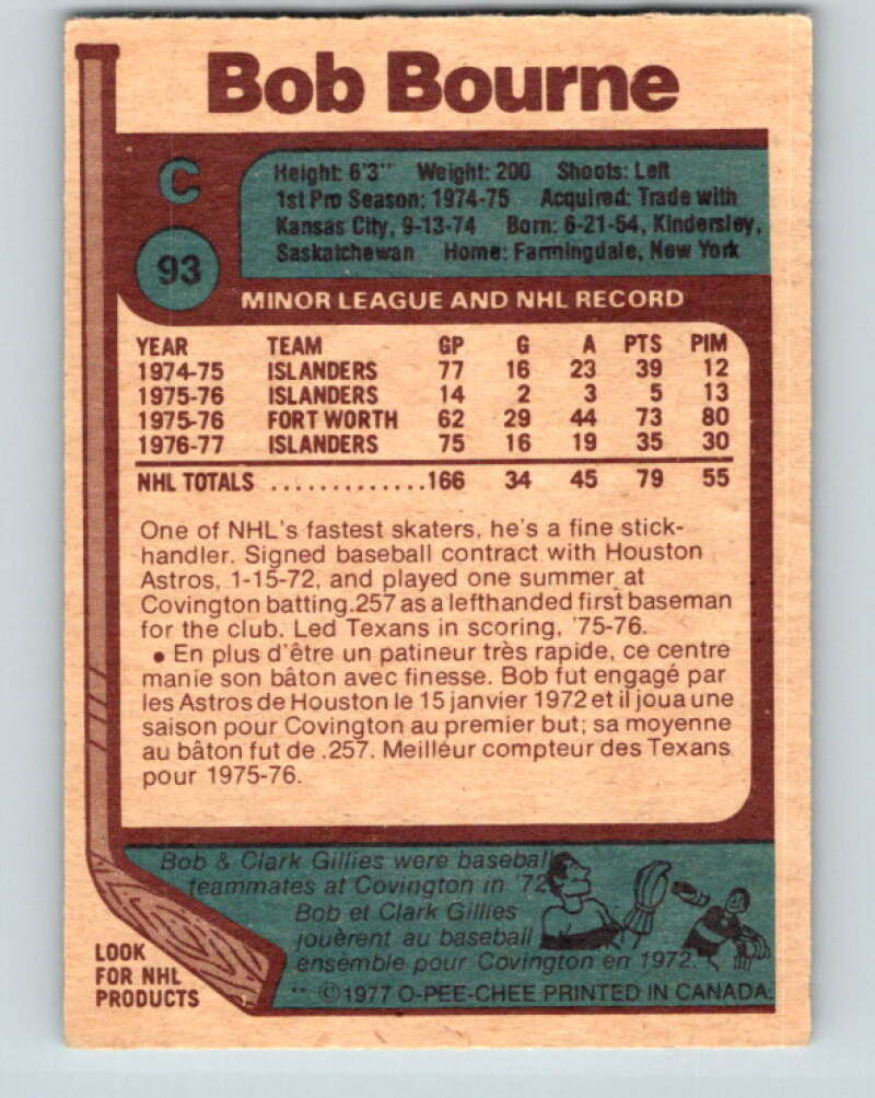 1977-78 O-Pee-Chee #93 Bob Bourne New York Islanders V13528