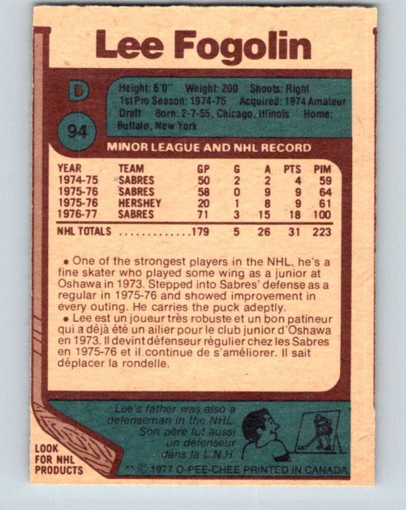 1977-78 O-Pee-Chee #94 Lee Fogolin Buffalo Sabres V13529