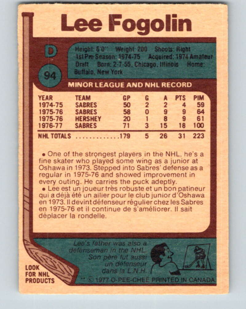 1977-78 O-Pee-Chee #94 Lee Fogolin Buffalo Sabres V13531