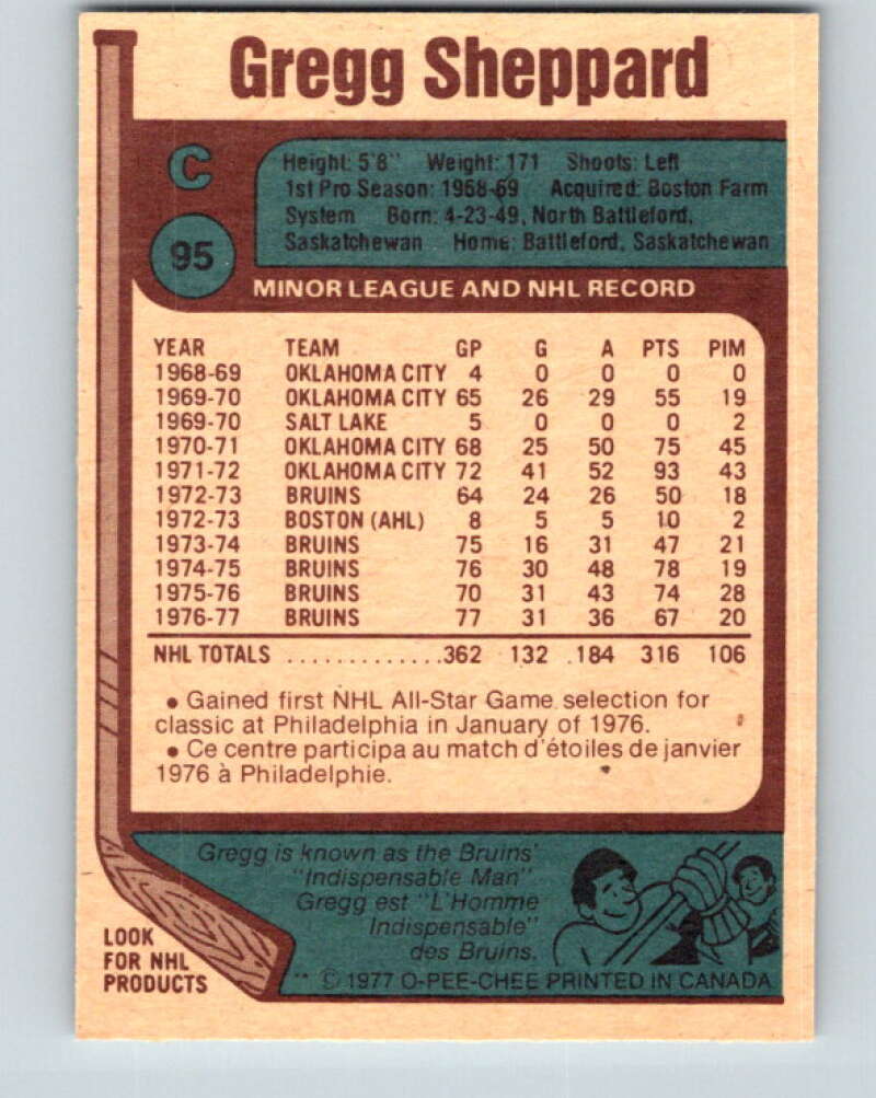 1977-78 O-Pee-Chee #95 Gregg Sheppard Boston Bruins V13533