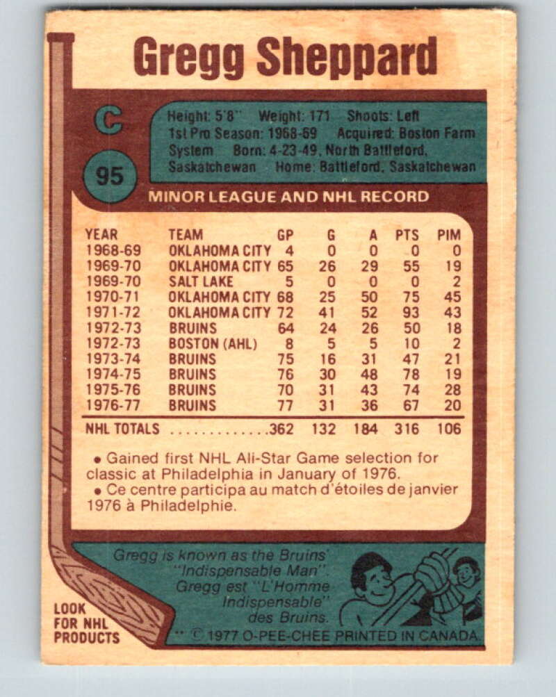 1977-78 O-Pee-Chee #95 Gregg Sheppard Boston Bruins V13535