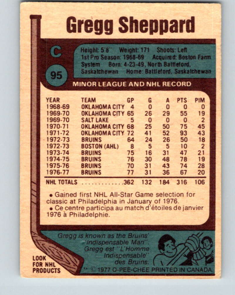 1977-78 O-Pee-Chee #95 Gregg Sheppard Boston Bruins V13536