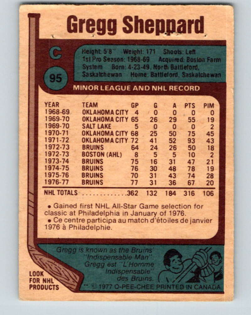 1977-78 O-Pee-Chee #95 Gregg Sheppard Boston Bruins V13539