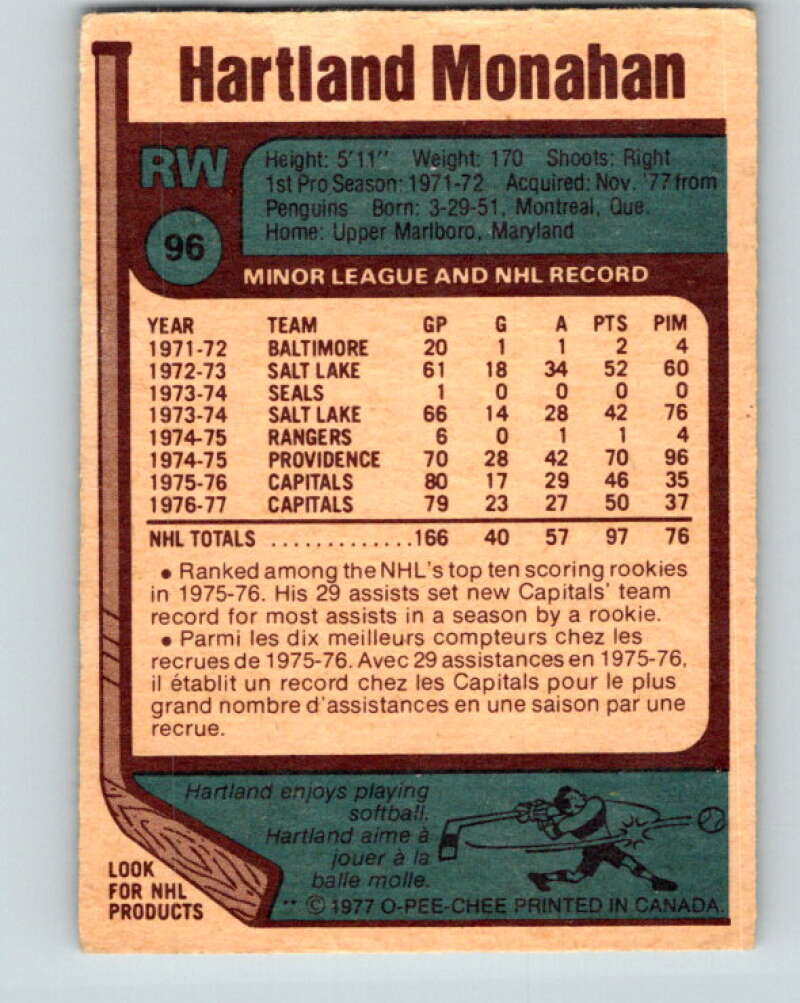 1977-78 O-Pee-Chee #96 Hartland Monahan Los Angeles Kings V13543
