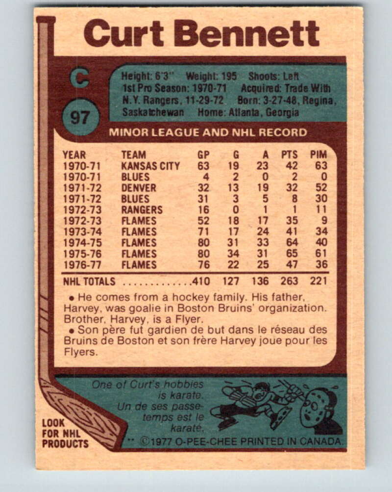 1977-78 O-Pee-Chee #97 Curt Bennett Atlanta Flames V13553