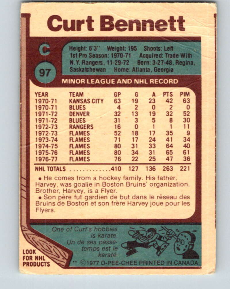 1977-78 O-Pee-Chee #97 Curt Bennett Atlanta Flames V13555