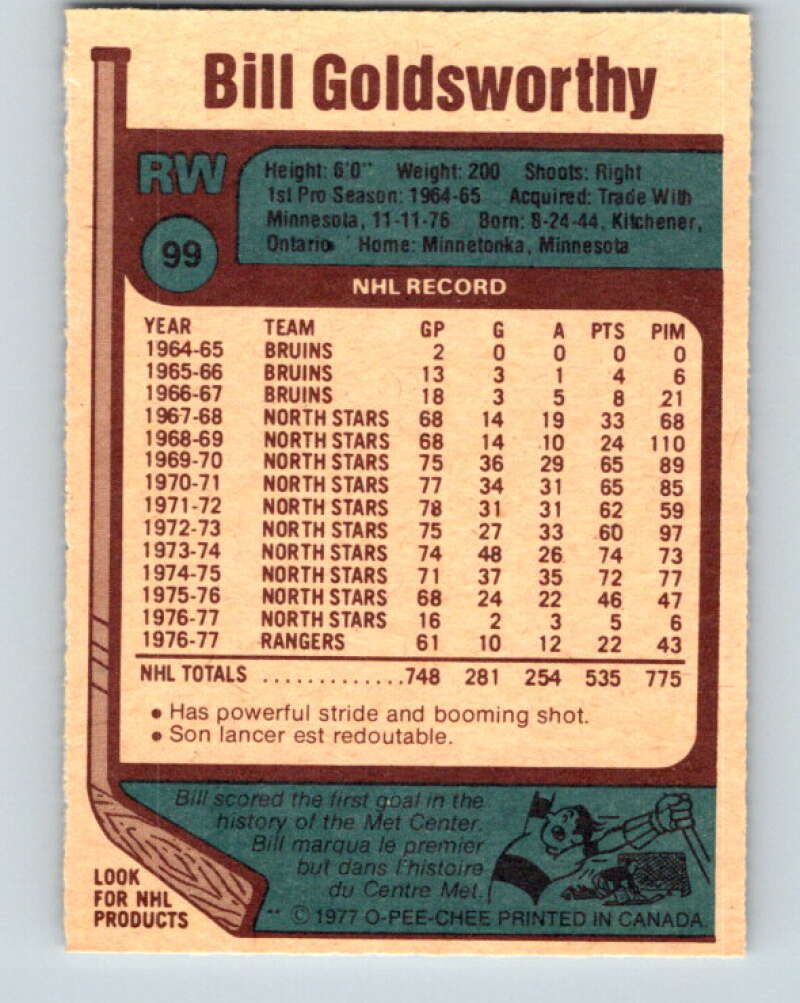 1977-78 O-Pee-Chee #99 Bill Goldsworthy New York Rangers V13561