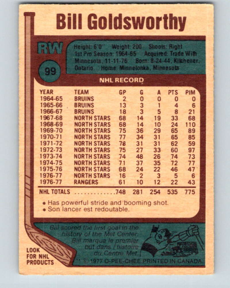 1977-78 O-Pee-Chee #99 Bill Goldsworthy New York Rangers V13562