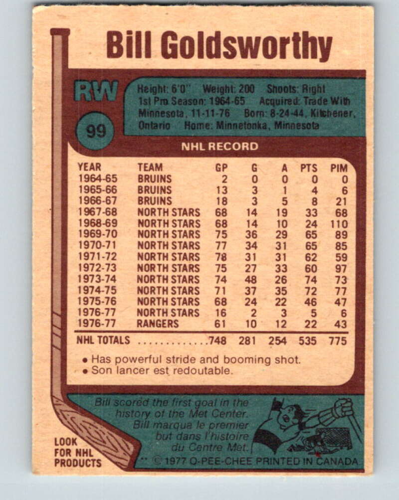 1977-78 O-Pee-Chee #99 Bill Goldsworthy New York Rangers V13564