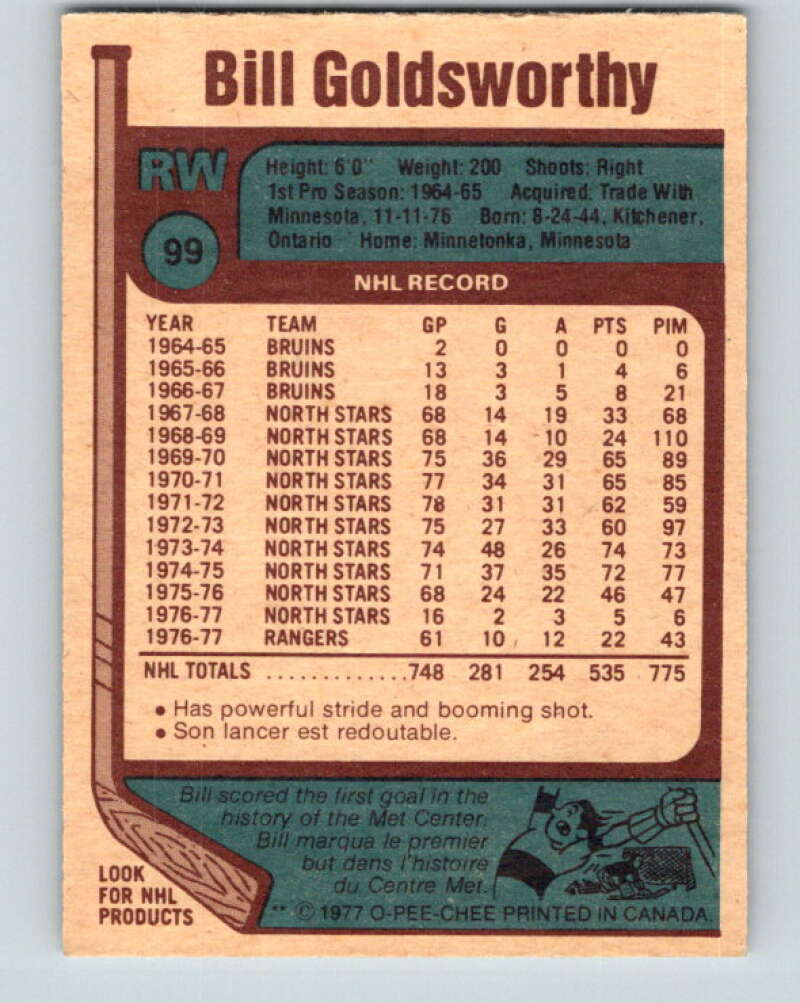 1977-78 O-Pee-Chee #99 Bill Goldsworthy New York Rangers V13566