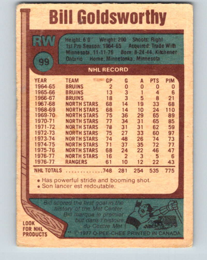 1977-78 O-Pee-Chee #99 Bill Goldsworthy New York Rangers V13569
