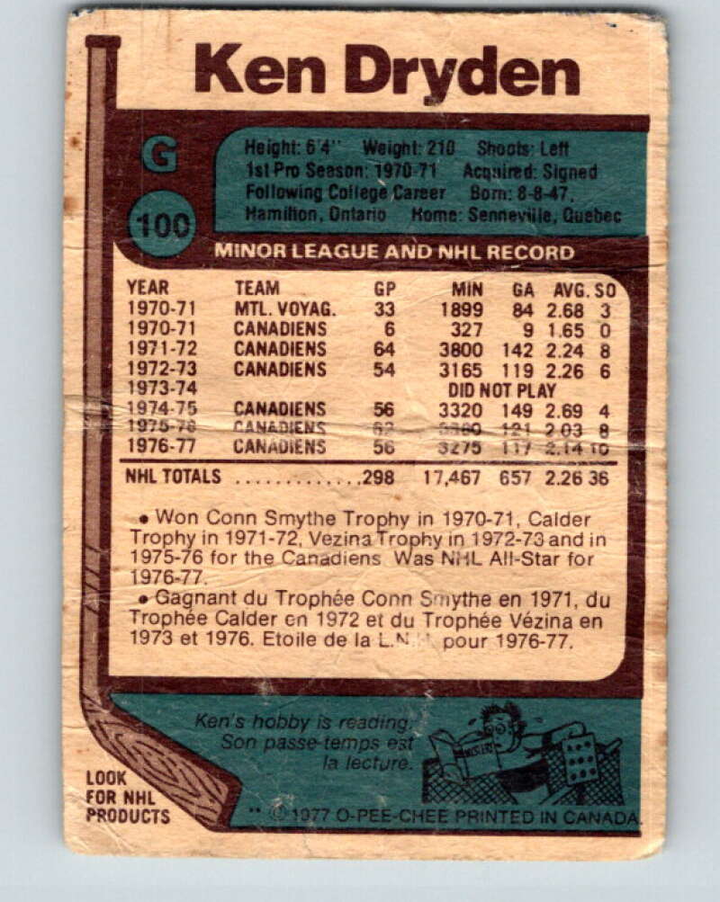 1977-78 O-Pee-Chee #100 Ken Dryden AS Montreal Canadiens V13572