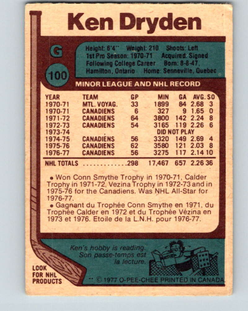 1977-78 O-Pee-Chee #100 Ken Dryden AS Montreal Canadiens V13574
