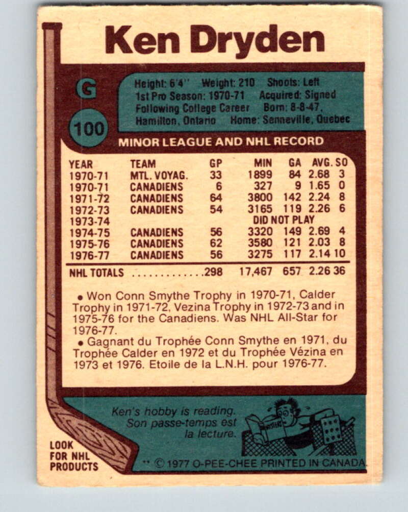 1977-78 O-Pee-Chee #100 Ken Dryden AS Montreal Canadiens V13575