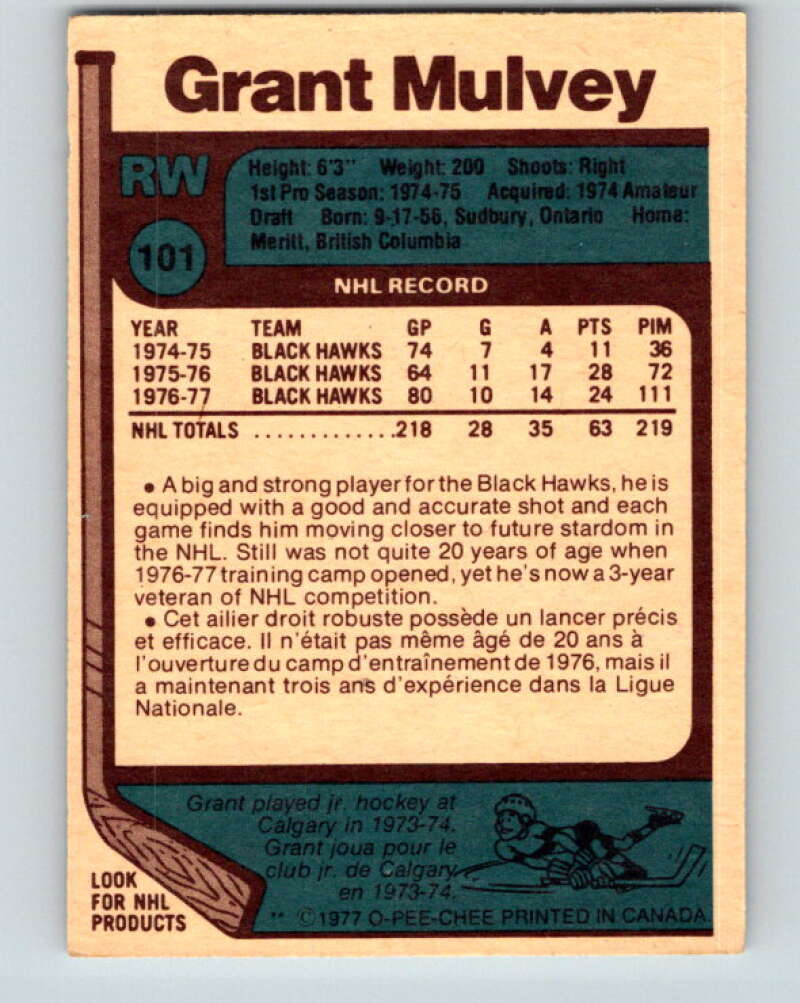 1977-78 O-Pee-Chee #101 Grant Mulvey Chicago Blackhawks V13580