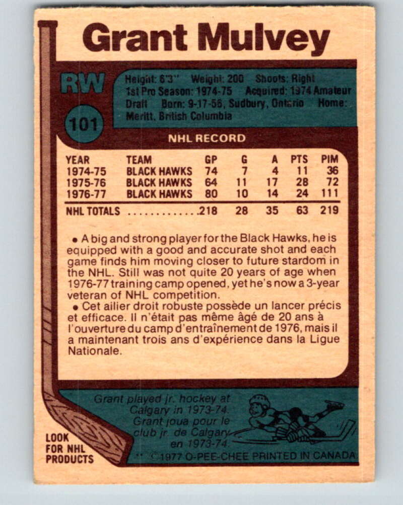 1977-78 O-Pee-Chee #101 Grant Mulvey Chicago Blackhawks V13584