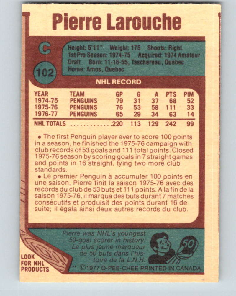 1977-78 O-Pee-Chee #102 Pierre Larouche Pittsburgh Penguins V13586