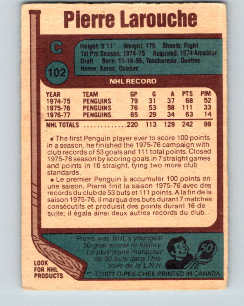 1977-78 O-Pee-Chee #102 Pierre Larouche Pittsburgh Penguins V13588