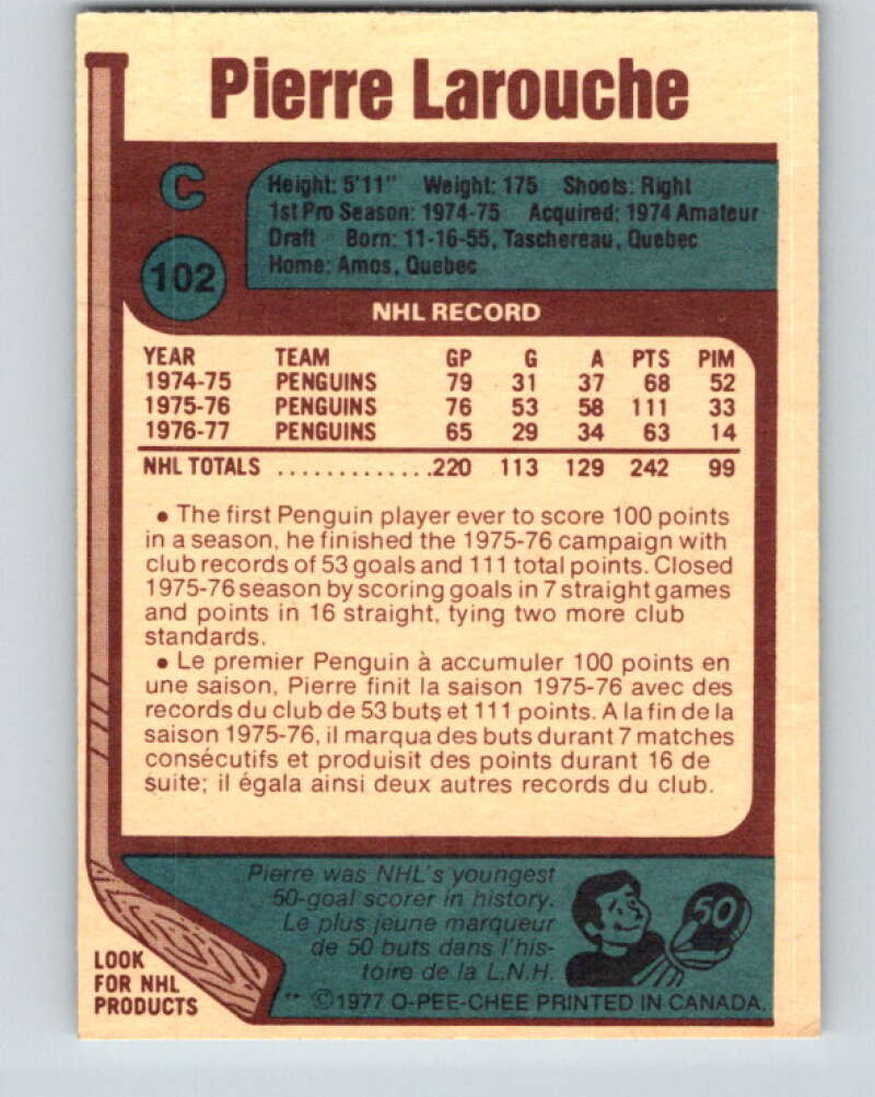 1977-78 O-Pee-Chee #102 Pierre Larouche Pittsburgh Penguins V13589