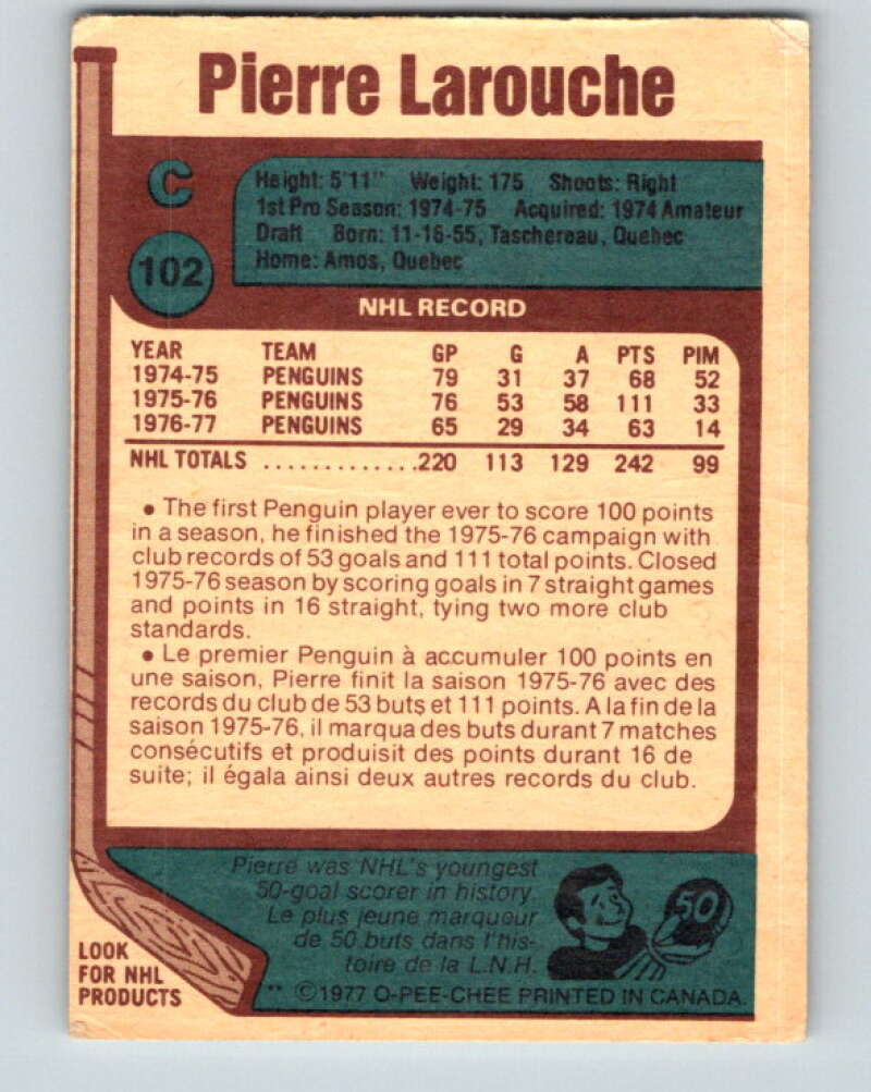 1977-78 O-Pee-Chee #102 Pierre Larouche Pittsburgh Penguins V13590