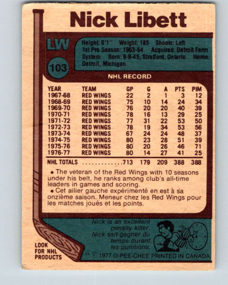 1977-78 O-Pee-Chee #103 Nick Libett Detroit Red Wings V13592