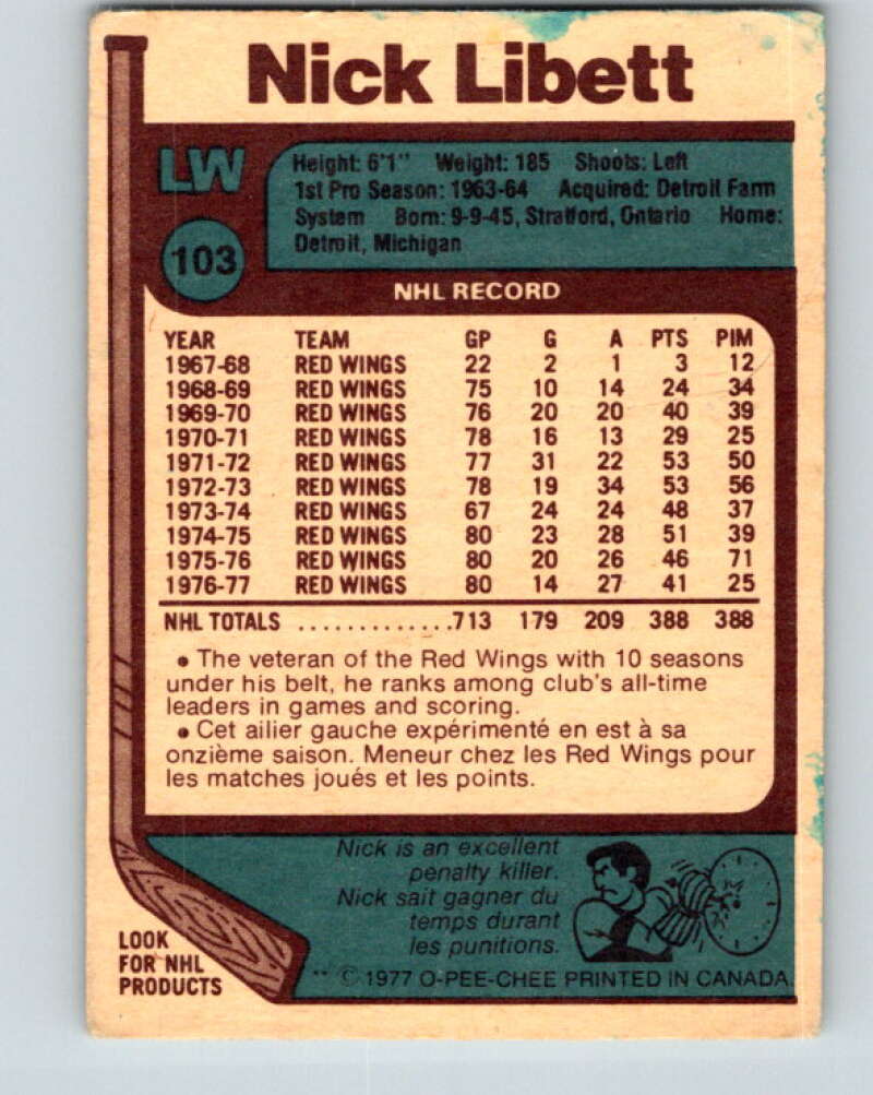 1977-78 O-Pee-Chee #103 Nick Libett Detroit Red Wings V13593