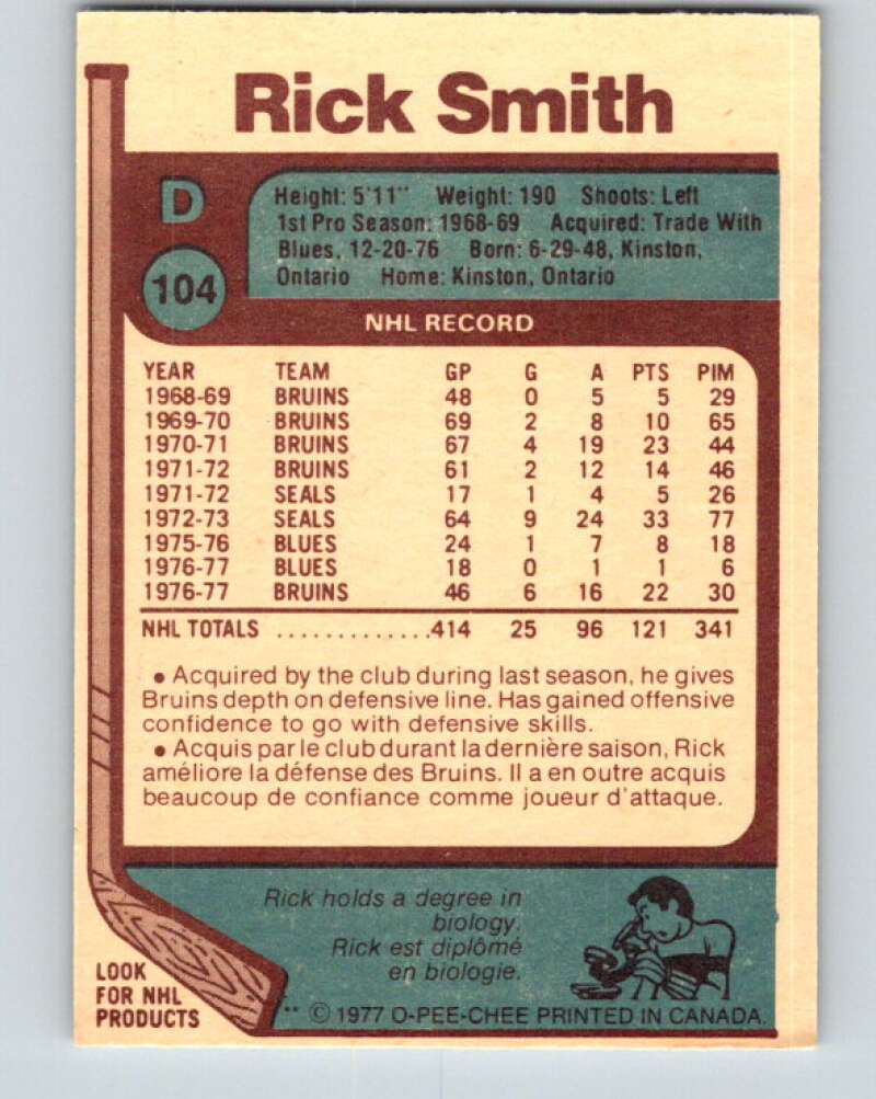 1977-78 O-Pee-Chee #104 Rick Smith Boston Bruins V13599
