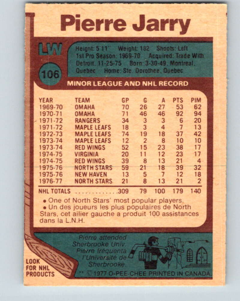1977-78 O-Pee-Chee #106 Pierre Jarry Minnesota North Stars V13616