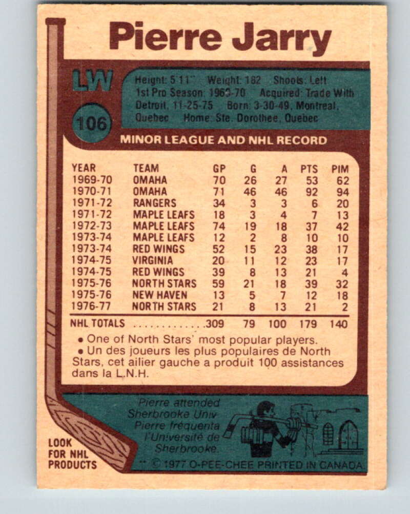 1977-78 O-Pee-Chee #106 Pierre Jarry Minnesota North Stars V13617
