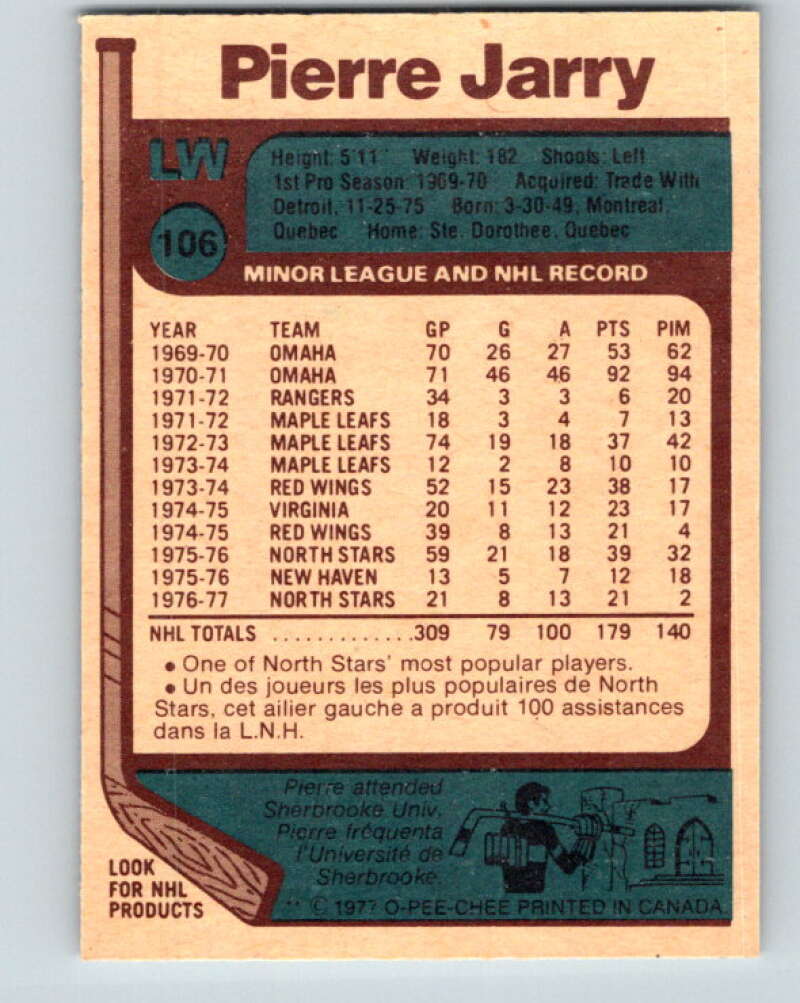 1977-78 O-Pee-Chee #106 Pierre Jarry Minnesota North Stars V13619
