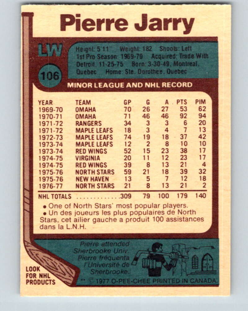 1977-78 O-Pee-Chee #106 Pierre Jarry Minnesota North Stars V13620