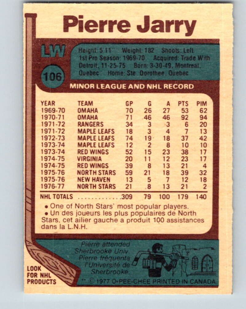 1977-78 O-Pee-Chee #106 Pierre Jarry Minnesota North Stars V13621