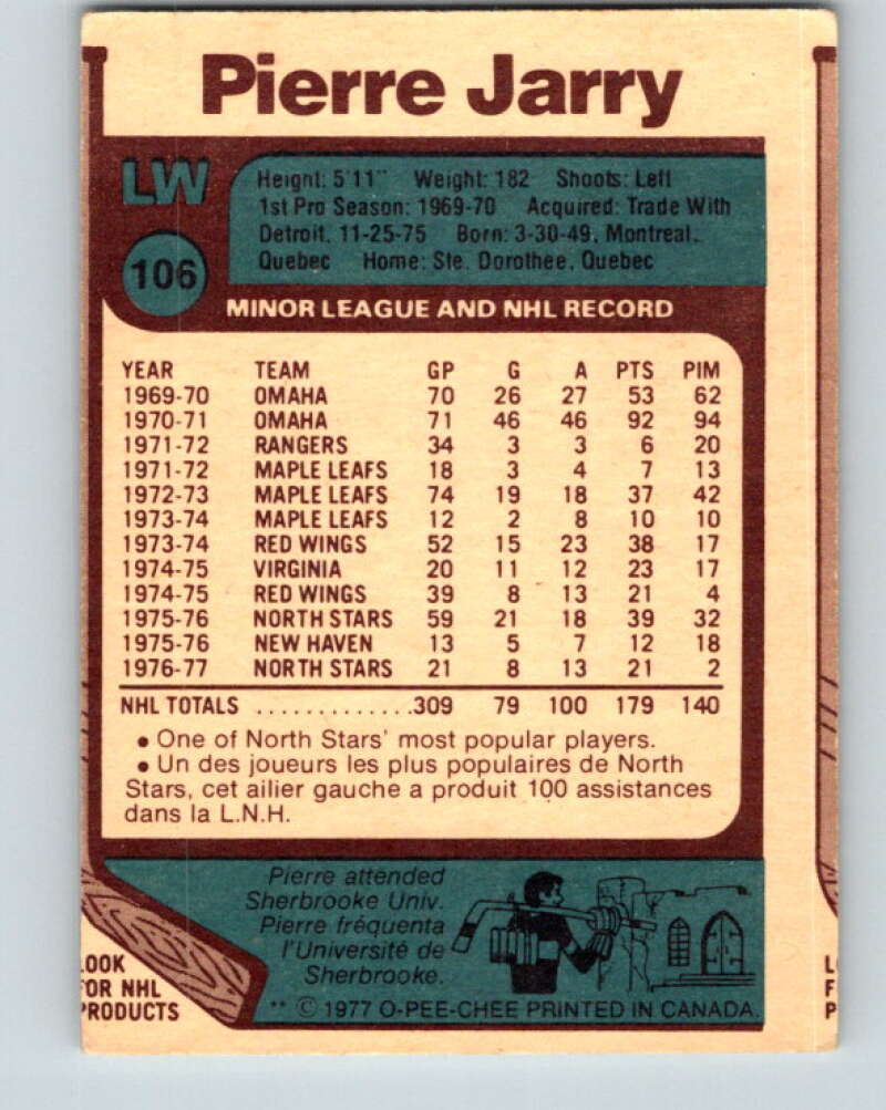 1977-78 O-Pee-Chee #106 Pierre Jarry Minnesota North Stars V13622