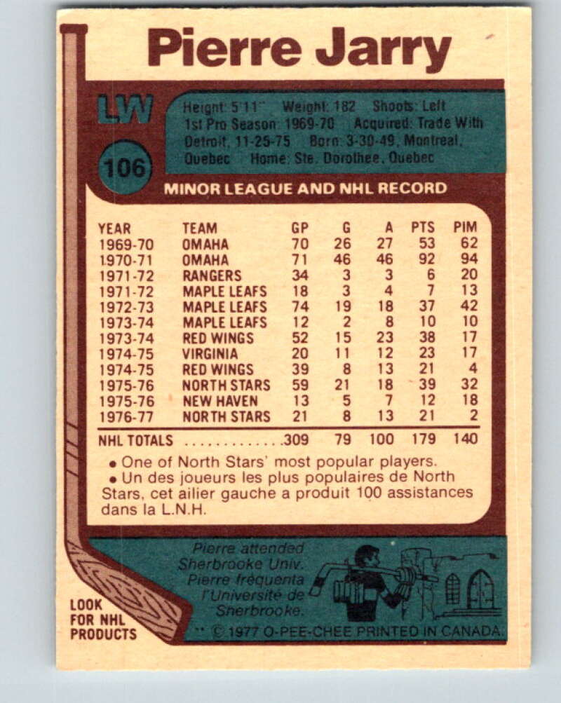 1977-78 O-Pee-Chee #106 Pierre Jarry Minnesota North Stars V13624