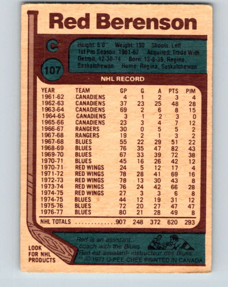 1977-78 O-Pee-Chee #107 Red Berenson St. Louis Blues V13625