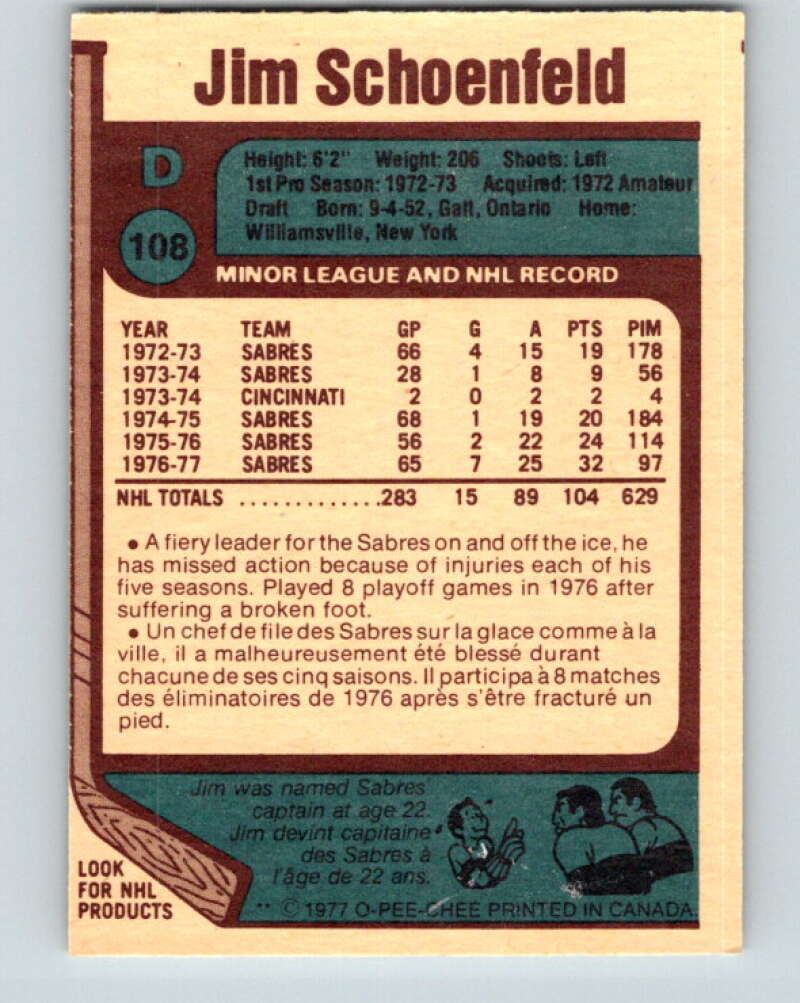 1977-78 O-Pee-Chee #108 Jim Schoenfeld Buffalo Sabres V13628