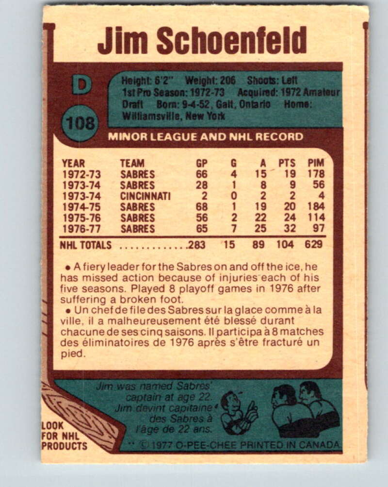 1977-78 O-Pee-Chee #108 Jim Schoenfeld Buffalo Sabres V13629
