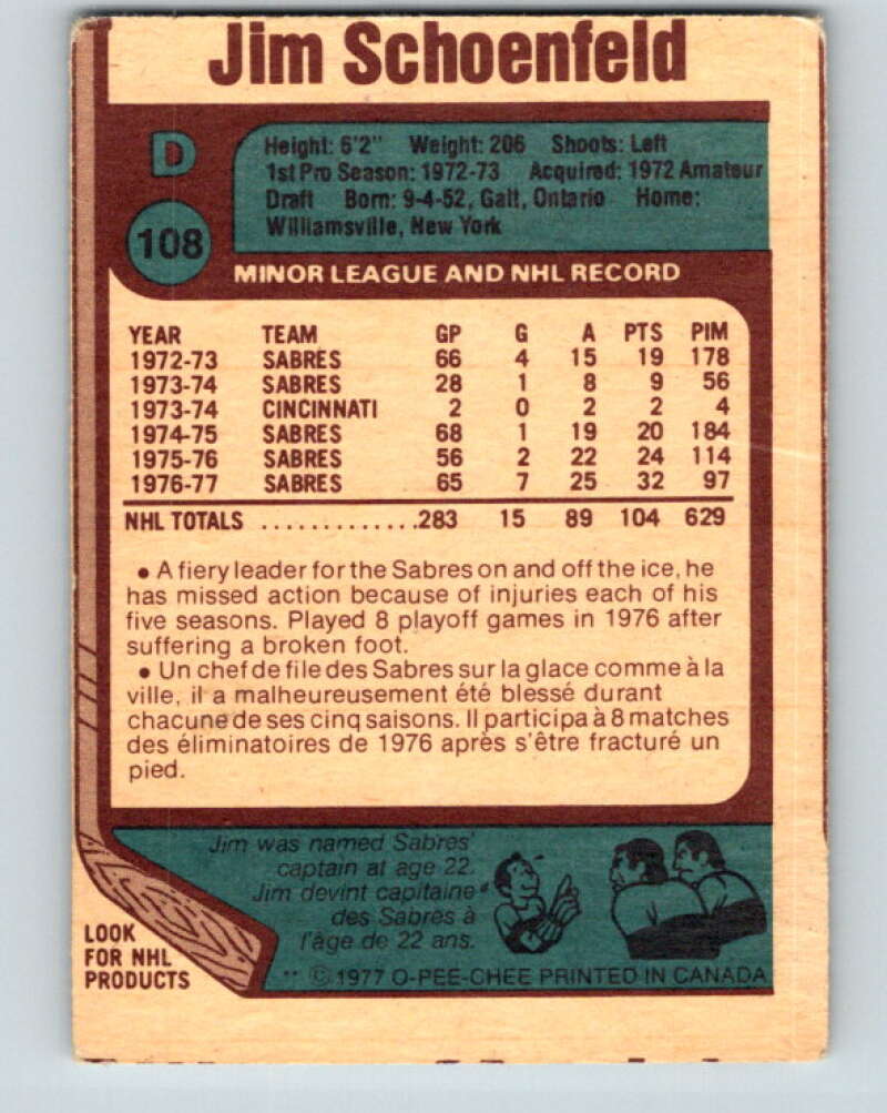 1977-78 O-Pee-Chee #108 Jim Schoenfeld Buffalo Sabres V13630