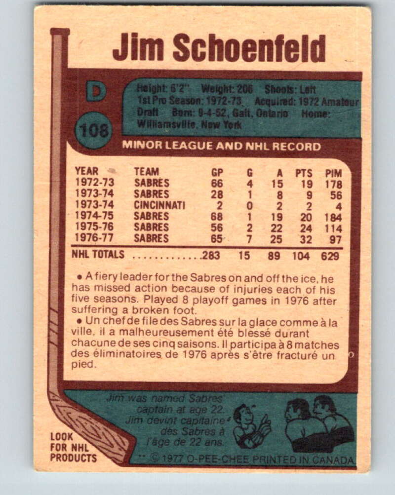 1977-78 O-Pee-Chee #108 Jim Schoenfeld Buffalo Sabres V13631