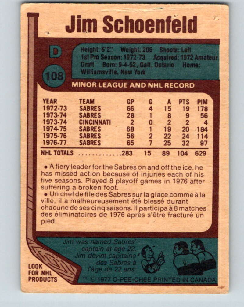 1977-78 O-Pee-Chee #108 Jim Schoenfeld Buffalo Sabres V13632
