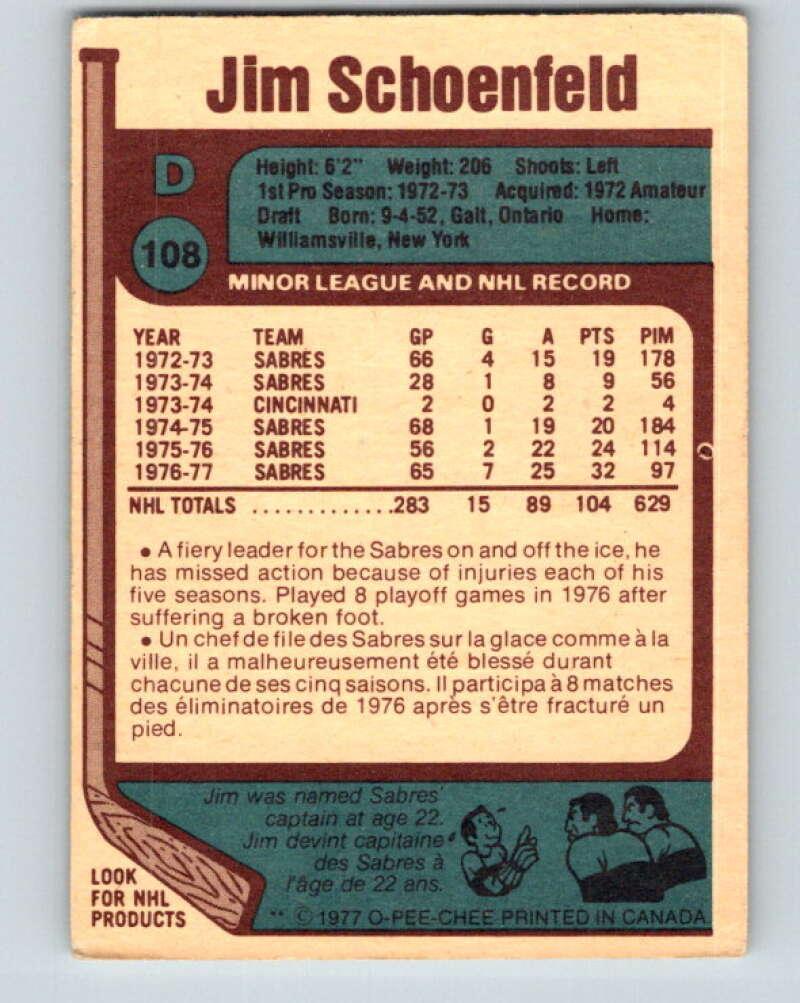 1977-78 O-Pee-Chee #108 Jim Schoenfeld Buffalo Sabres V13633