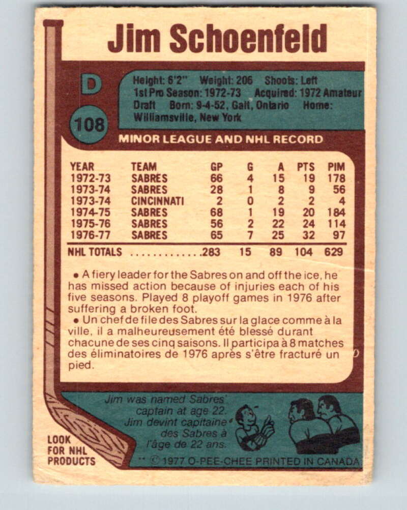 1977-78 O-Pee-Chee #108 Jim Schoenfeld Buffalo Sabres V13634
