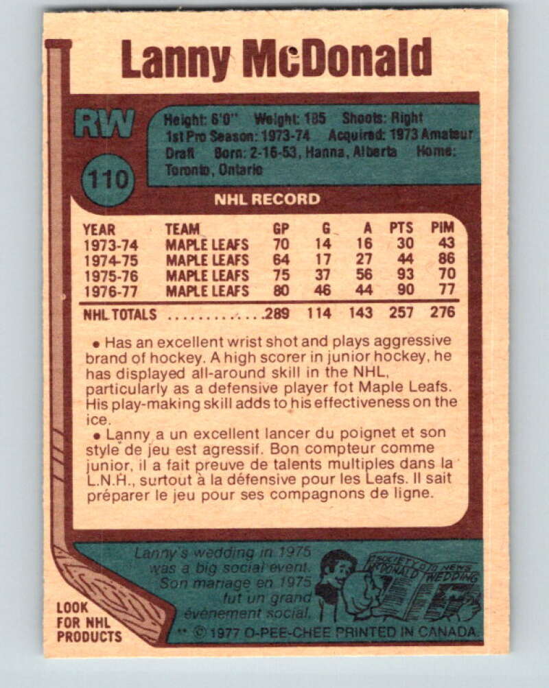 1977-78 O-Pee-Chee #110 Lanny McDonald AS Toronto Maple Leafs V13648