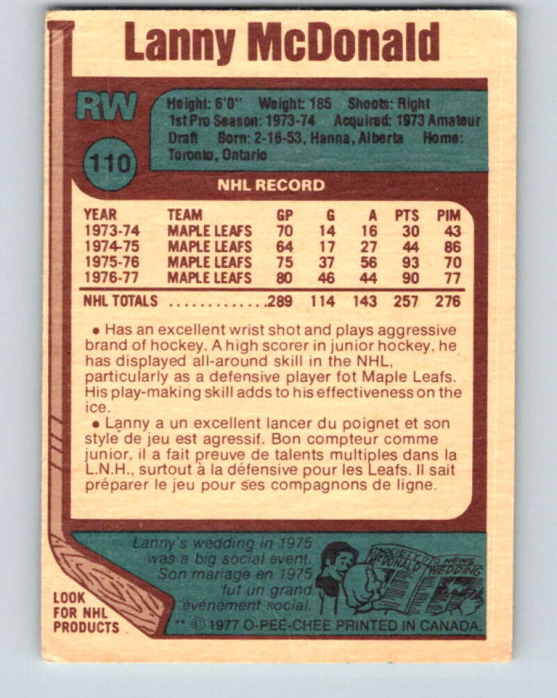 1977-78 O-Pee-Chee #110 Lanny McDonald AS Toronto Maple Leafs V13656